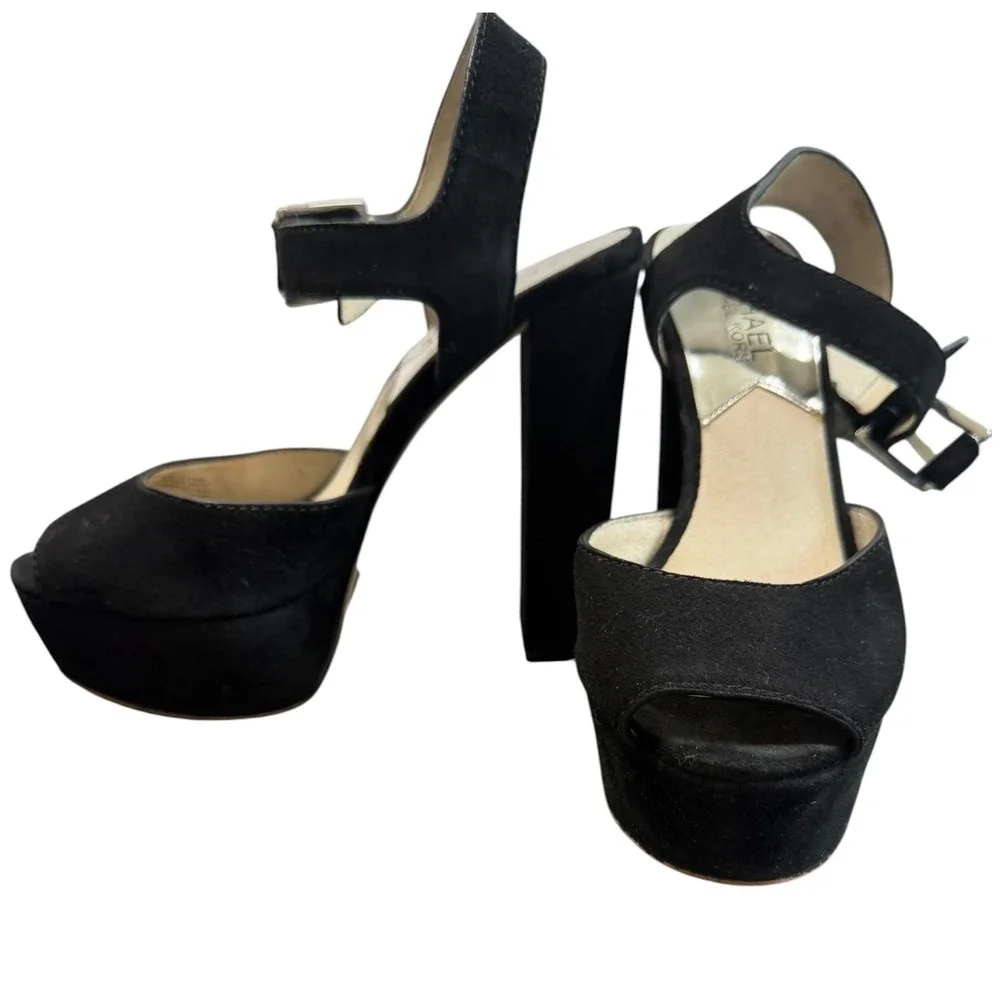 Michael Kors Platform Sandals Womens 6M Black Suede Block Heel Ankle Strap Y2K